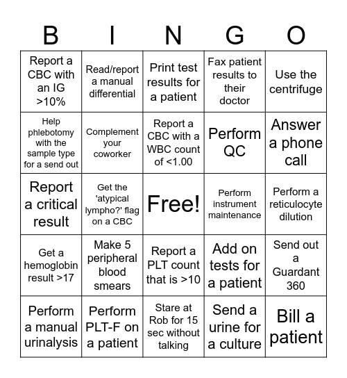 Hematology Bingo Card