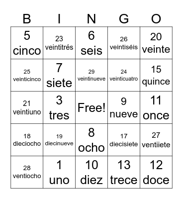 Los números 1-30 Bingo Card
