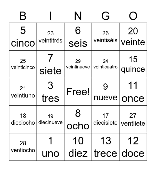 Los números 1-30 Bingo Card