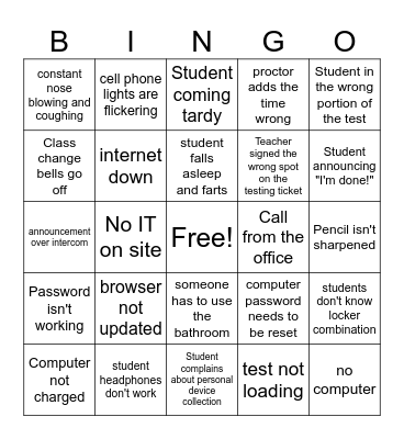 State Testing Bingo Card