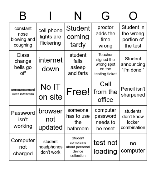 State Testing Bingo Card