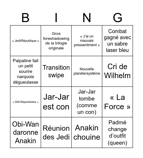 Star Wars 1 Bingo Card