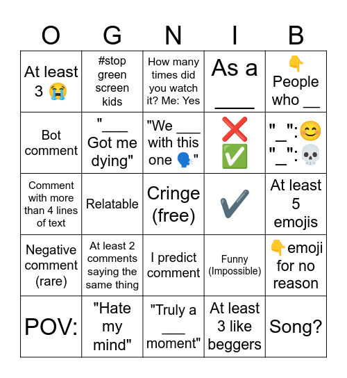 Youtube Shorts Comments Bingo Card