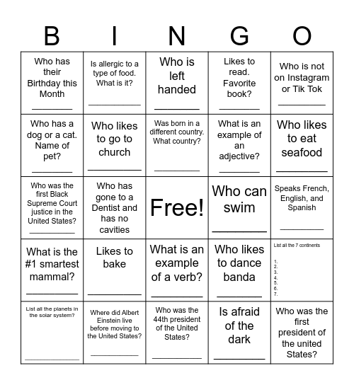 Get to Know A Friend Bingo Card