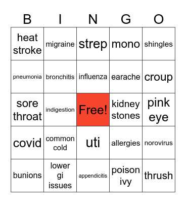 Sickness Bingo Card