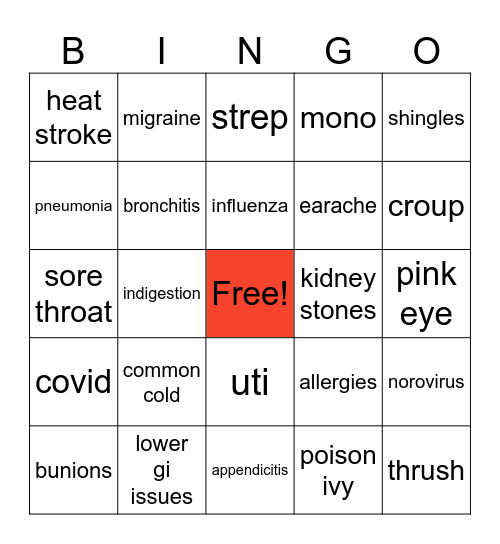 Sickness Bingo Card