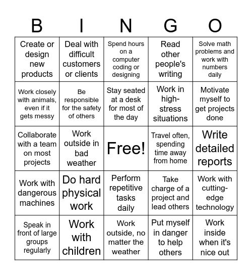 My Job Skills Bingo Card