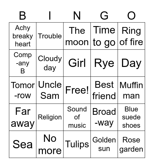 Finish the Lyrics Bingo Card