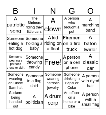Parade Bingo Card