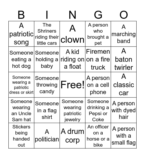 Parade Bingo Card