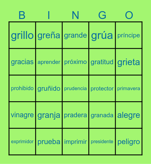 Sílabas con PR & GR Bingo Card