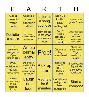 Earth Week Bingo Card