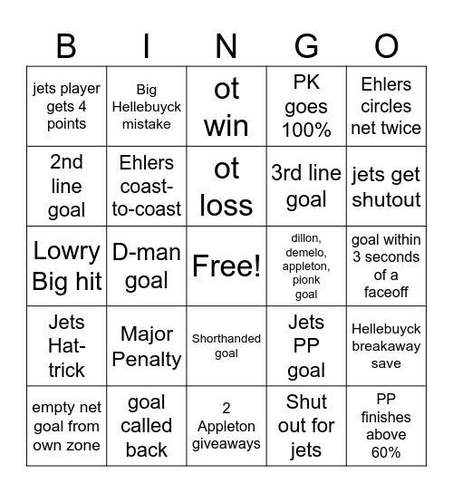 jets bingo Card