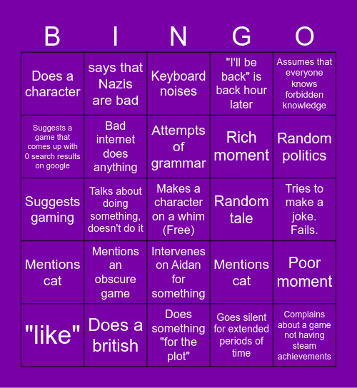 The Bingo Card of Me Bingo Card