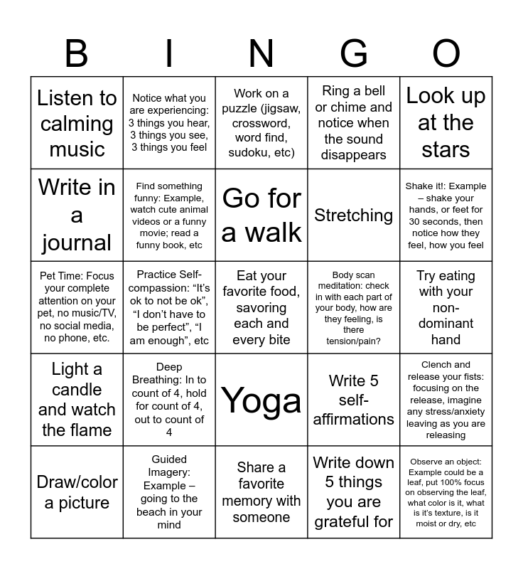 Mindfulness Bingo Challenge Bingo Card