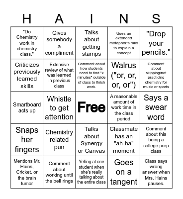 Chemistry Class Bingo Card