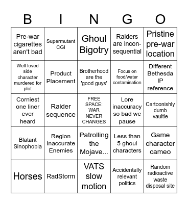 FALLOUT TV SHOW Bingo Card