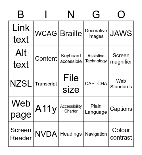 Digital Accessibility Lingo Bingo Card