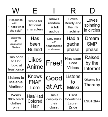 Weird kids Rock Bingo Card