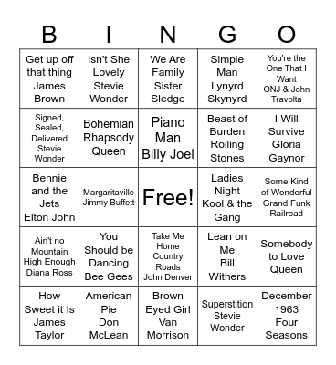 70s Music Bingo Card