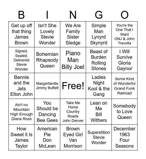 70s Music Bingo Card