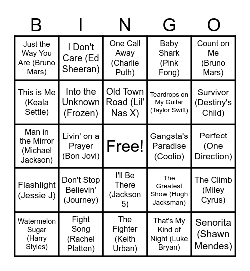 Pop club Bingo Card