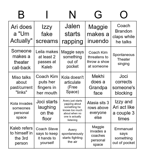 Speech Bingo Card