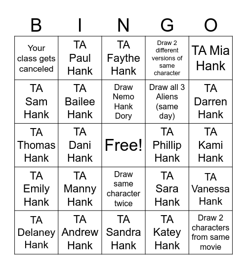 Animation Academy Bingo Card