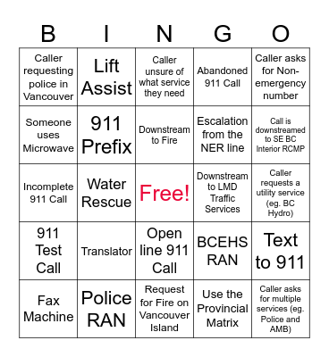 911 Operator Bingo Card