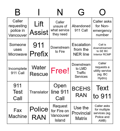 911 Operator Bingo Card