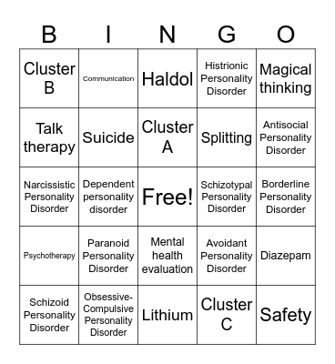 Personality Disorder Bingo Card