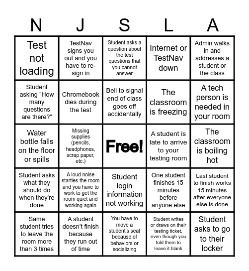 TEST PROCTOR BINGO Card