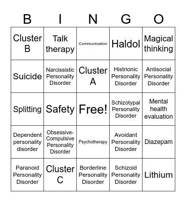 Personality Disorder Bingo Card