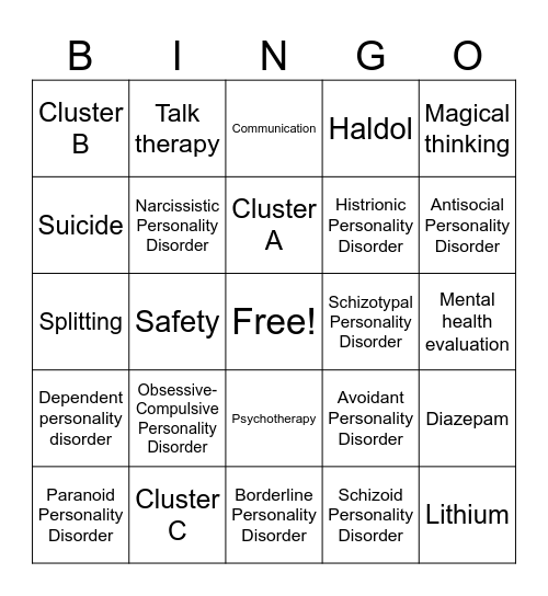 Personality Disorder Bingo Card