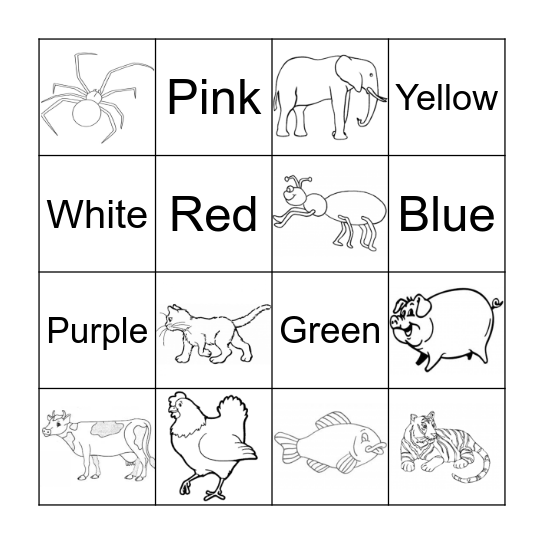 Animals and colors Bingo Card