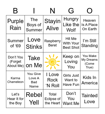 80s Summer Music Trivia Bingo Card