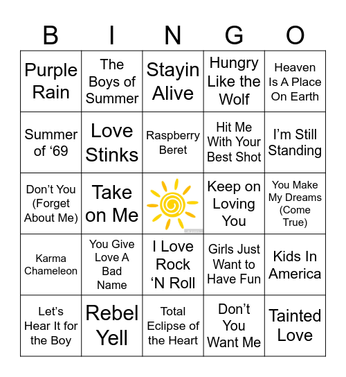 80s Summer Music Trivia Bingo Card