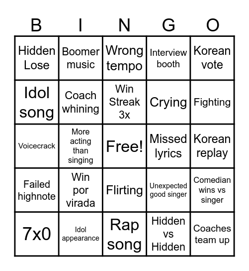 Singing Battle Bingo Card