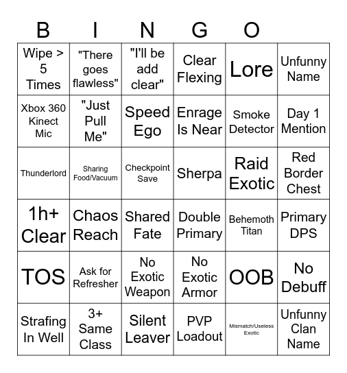 Destiny 2 LFG Bingo Card