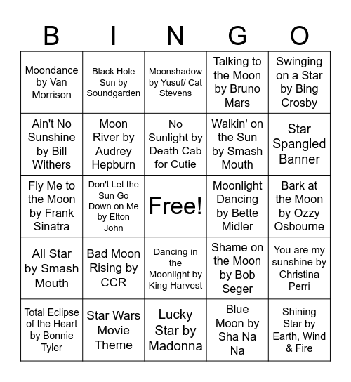 April Music Bingo Moon Round 2 Bingo Card