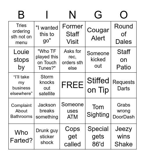 Johnathan's Tavern Bingo Card