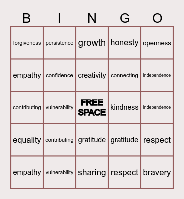 Values Bingo Card