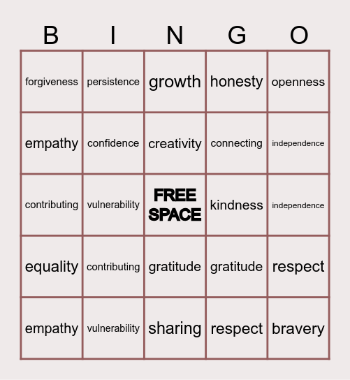 Values Bingo Card