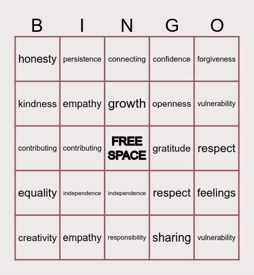 Values Bingo Card