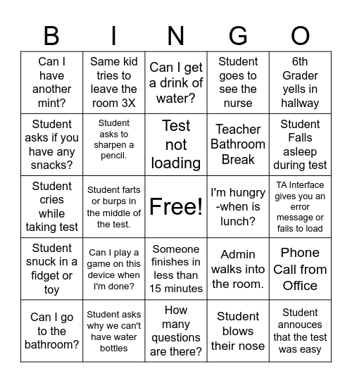 State Testing BINGO Card