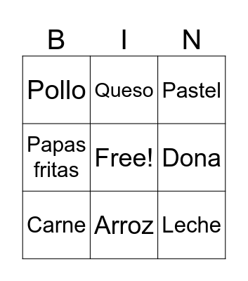 Spanish BIN Bingo Card