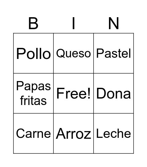 Spanish BIN Bingo Card