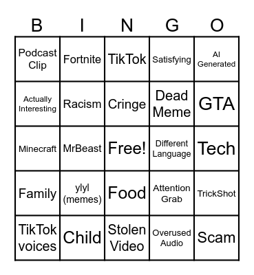 Youtube Short BINGO Card