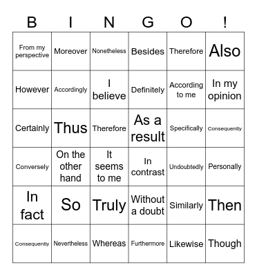 Transition Words Bingo! Bingo Card