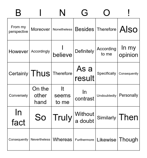 Transition Words Bingo! Bingo Card